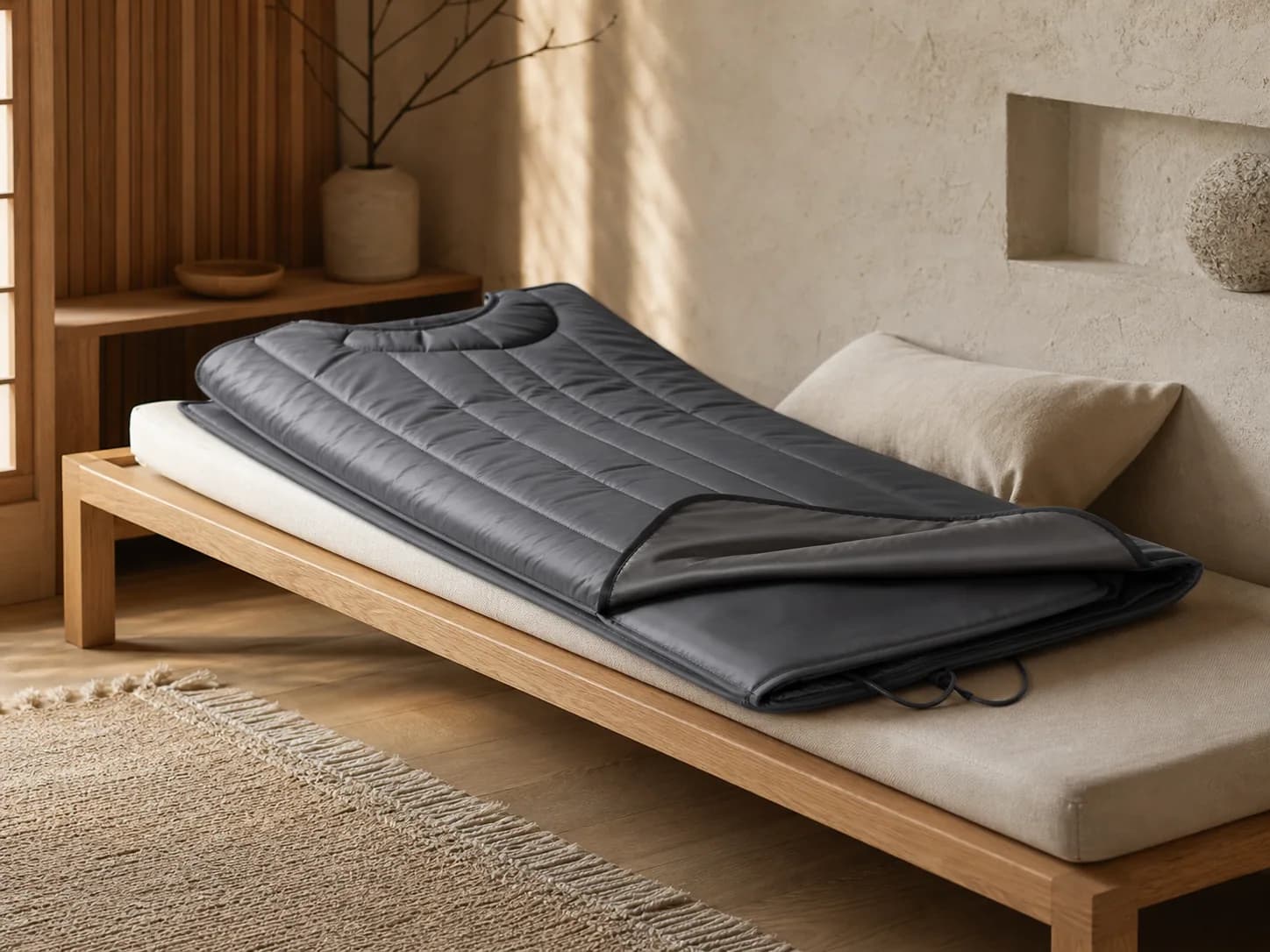 Charcoal infrared sauna blanket on an oak daybed