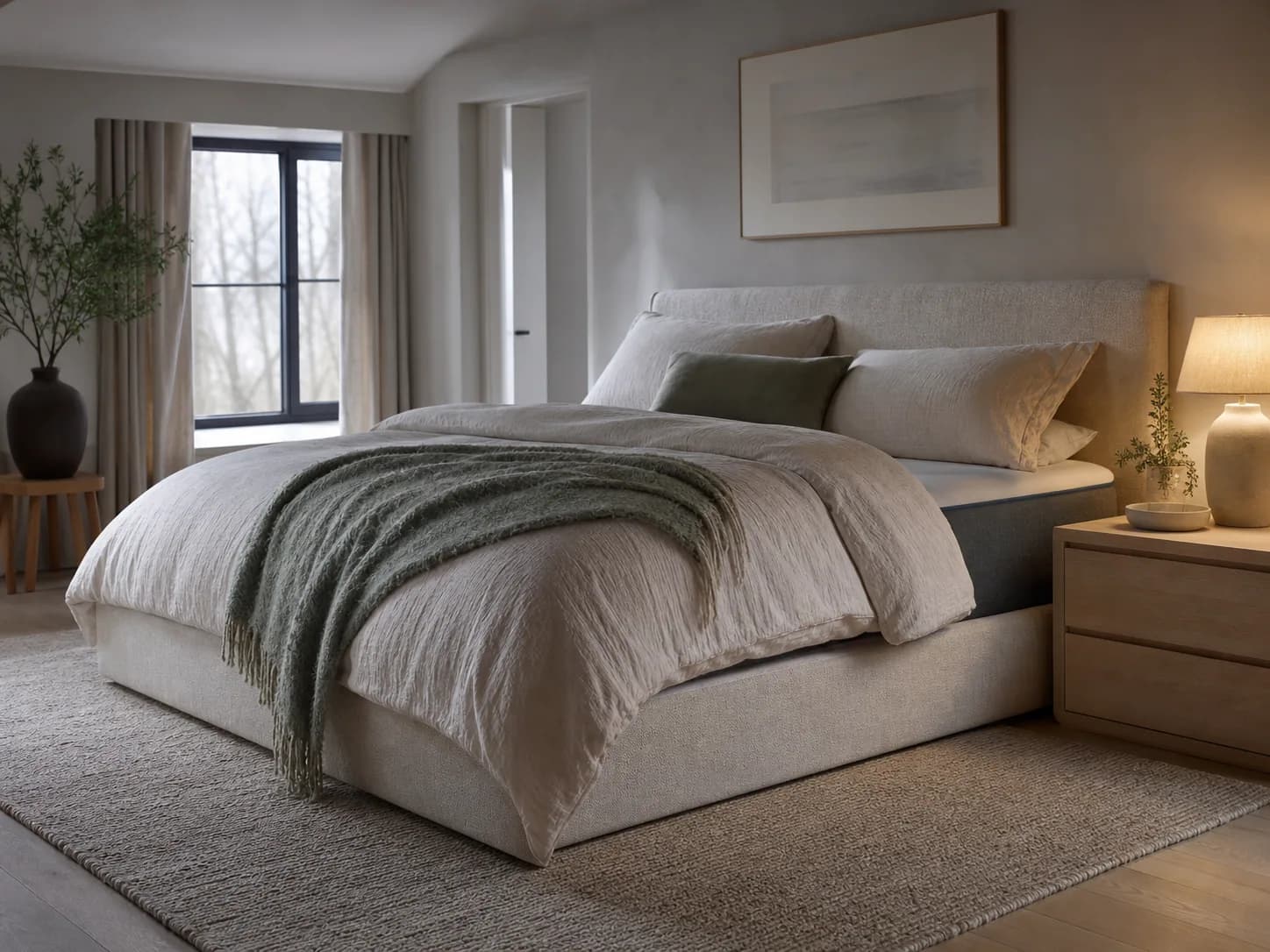Calm bedroom with linen bedding and a temperature-control mattress cover