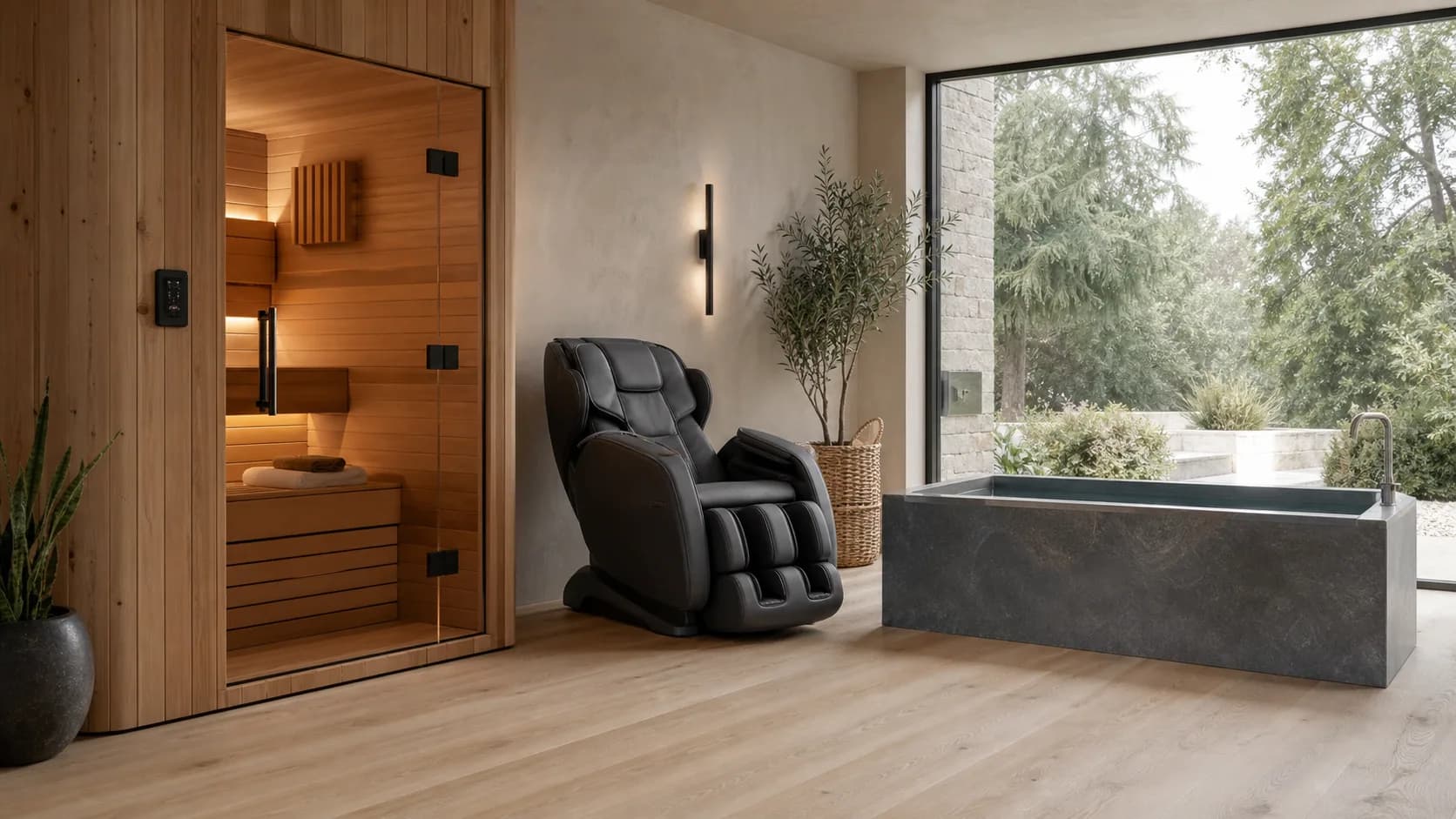 Home wellness room with a cedar sauna, massage chair, and cold plunge