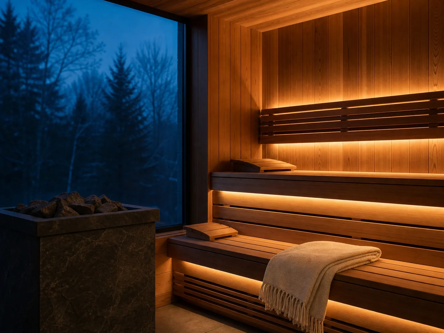 Cedar sauna interior at blue hour