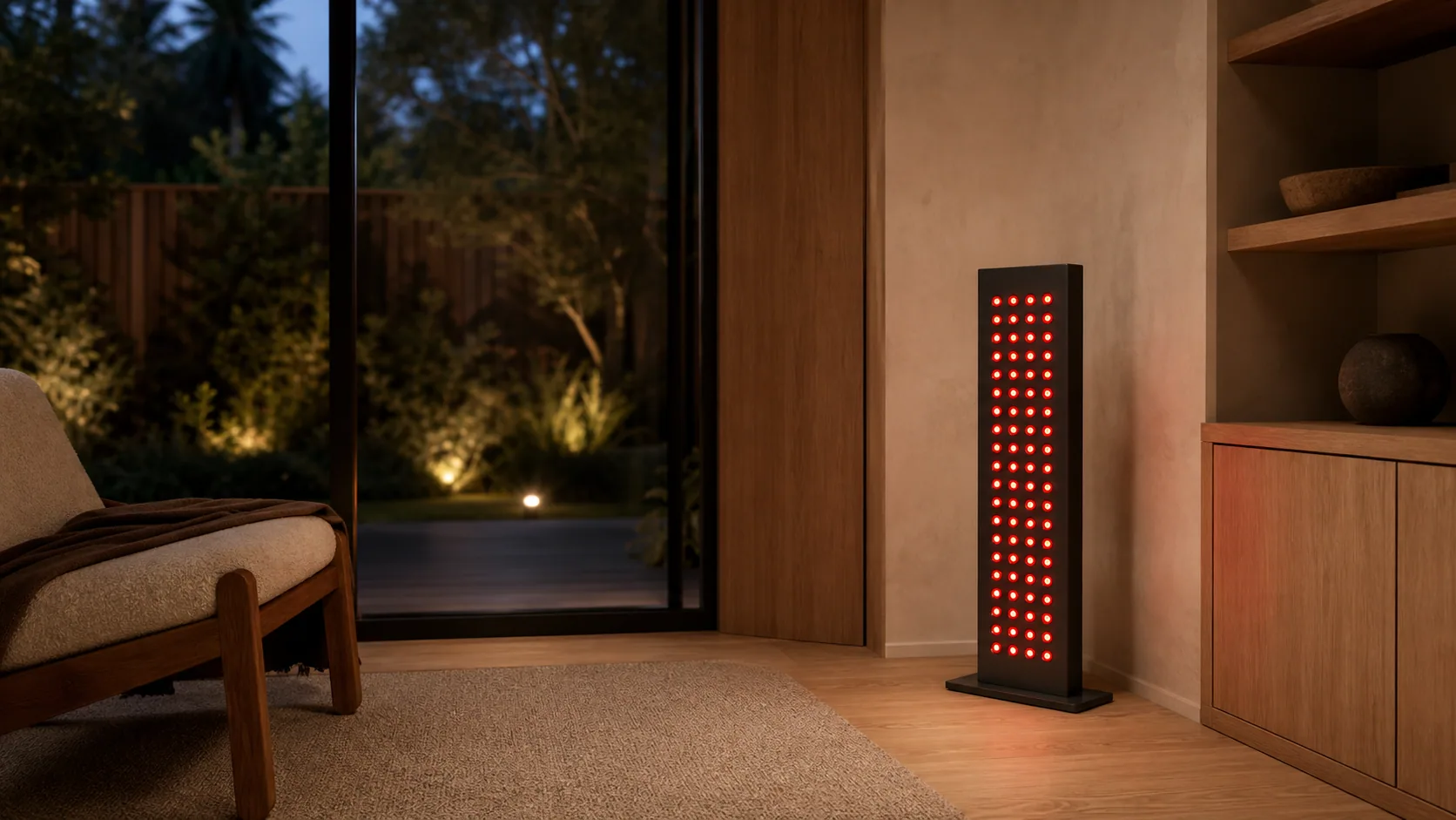 Targeted red light panel in a calm home wellness room at dusk